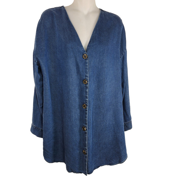 Soft Surroundings Womens Wendy Button Tunic Shirt Blue Chambray Denim V Neck Med - Picture 1 of 12